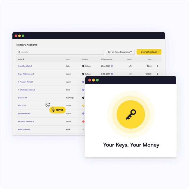 Interfaces of defi accounts with a stating 'Your Keys, Your Money'
